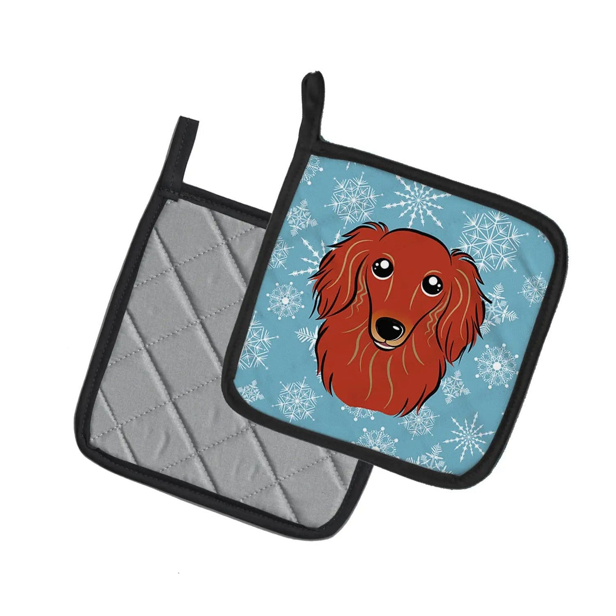 Pot Holder Set of 2 | Heat Resistant Quilted Hot Pads | 7.5 x 7.5 Inch | Snowflake Longhair Red Dachshund