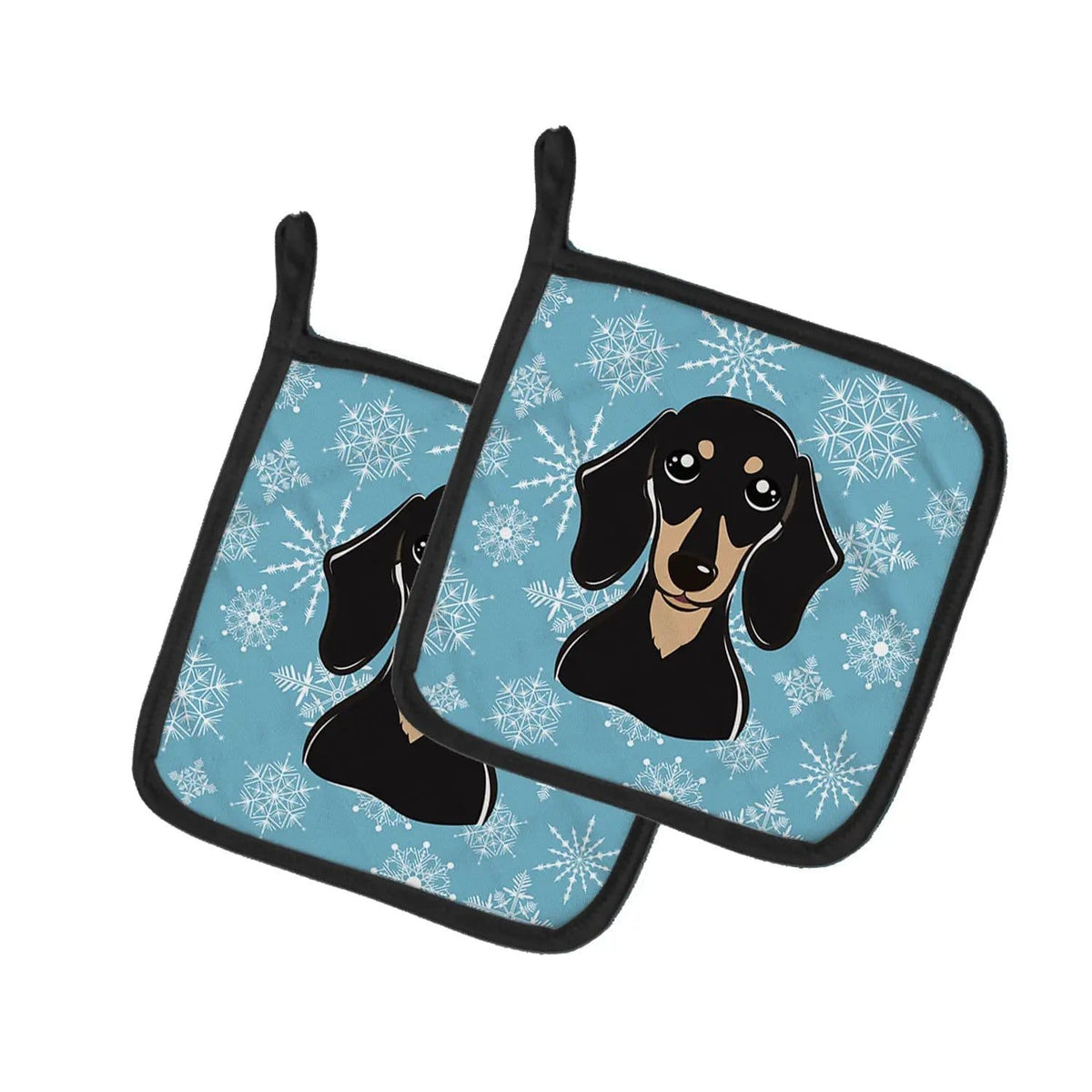 Pot Holder Set of 2 | Heat Resistant Quilted Hot Pads | 7.5 x 7.5 Inch | Snowflake Smooth Black and Tan Dachshund