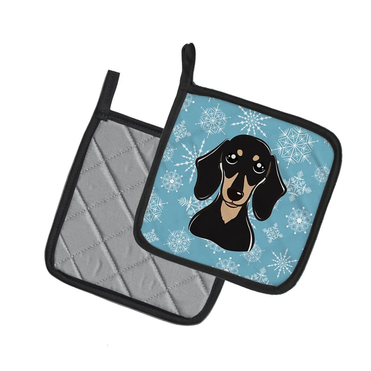 Pot Holder Set of 2 | Heat Resistant Quilted Hot Pads | 7.5 x 7.5 Inch | Snowflake Smooth Black and Tan Dachshund