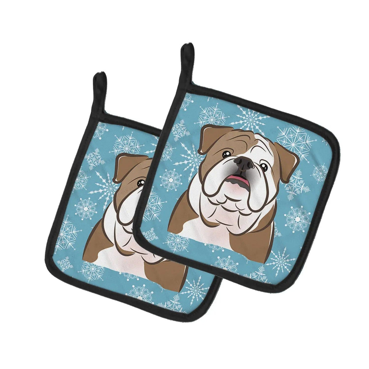 Pot Holder Set of 2 | Heat Resistant Quilted Hot Pads | 7.5 x 7.5 Inch | Snowflake English Bulldog