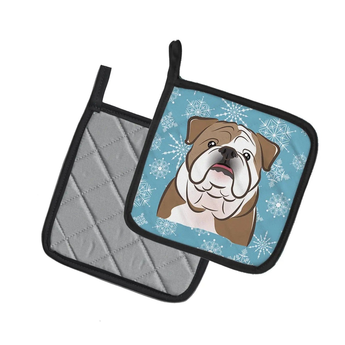 Pot Holder Set of 2 | Heat Resistant Quilted Hot Pads | 7.5 x 7.5 Inch | Snowflake English Bulldog