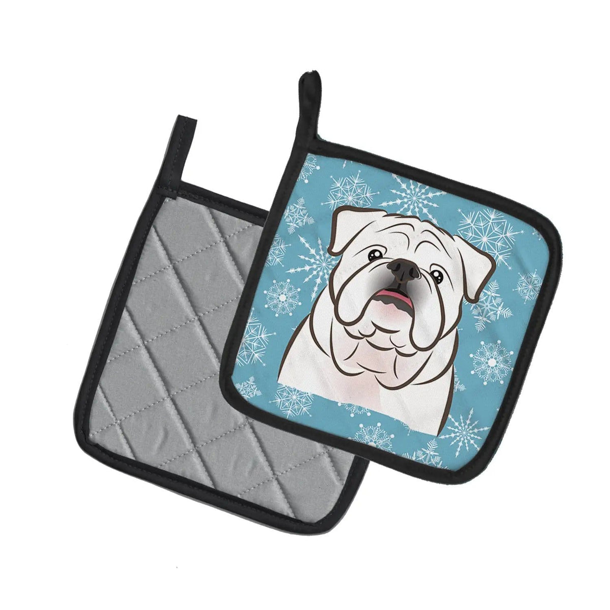 Pot Holder Set of 2 | Heat Resistant Quilted Hot Pads | 7.5 x 7.5 Inch | Snowflake White English Bulldog