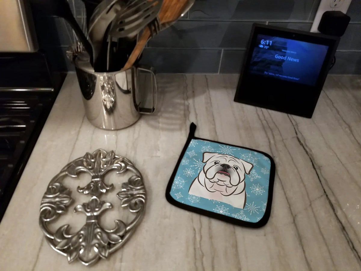 Pot Holder Set of 2 | Heat Resistant Quilted Hot Pads | 7.5 x 7.5 Inch | Snowflake White English Bulldog