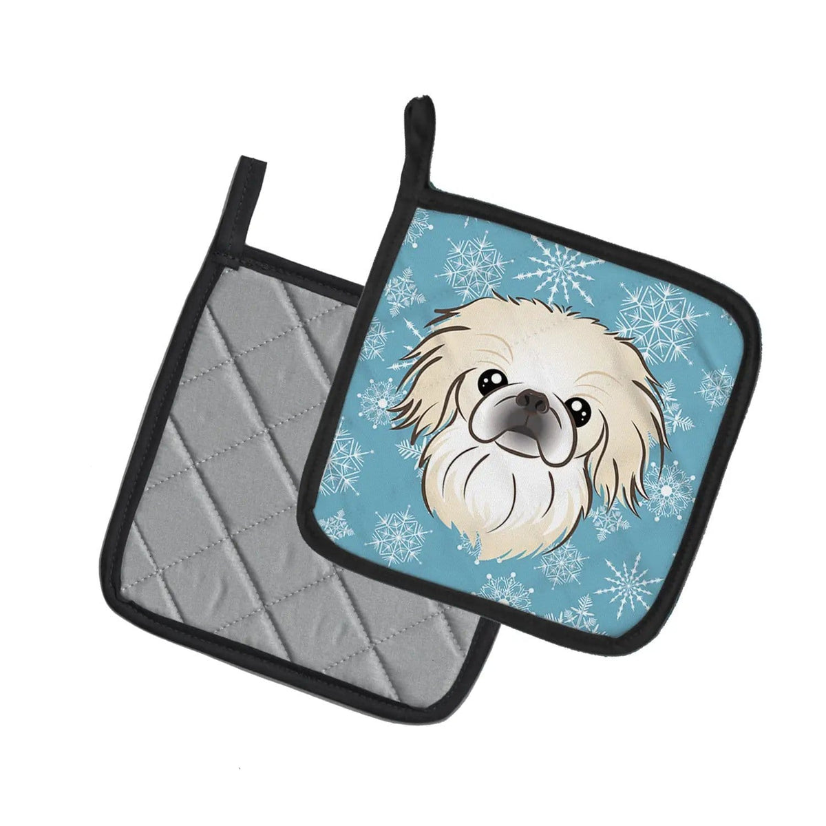 Pot Holder Set of 2 | Heat Resistant Quilted Hot Pads | 7.5 x 7.5 Inch | Snowflake Pekingese