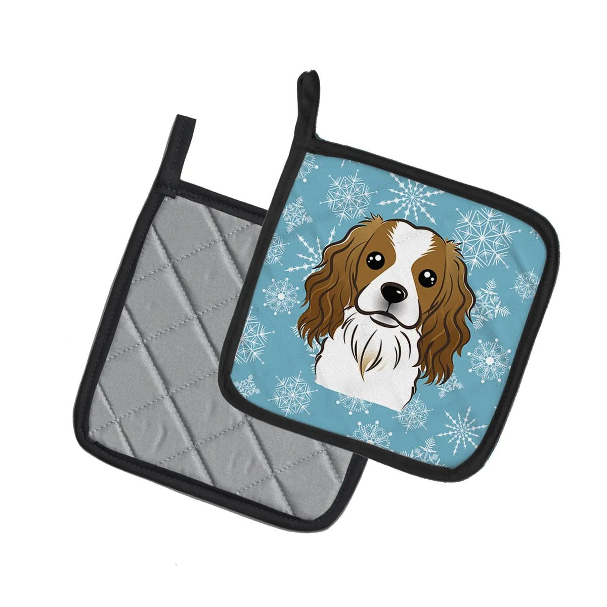 Pot Holder Set of 2 | Heat Resistant Quilted Hot Pads | 7.5 x 7.5 Inch | Snowflake Cavalier Spaniel