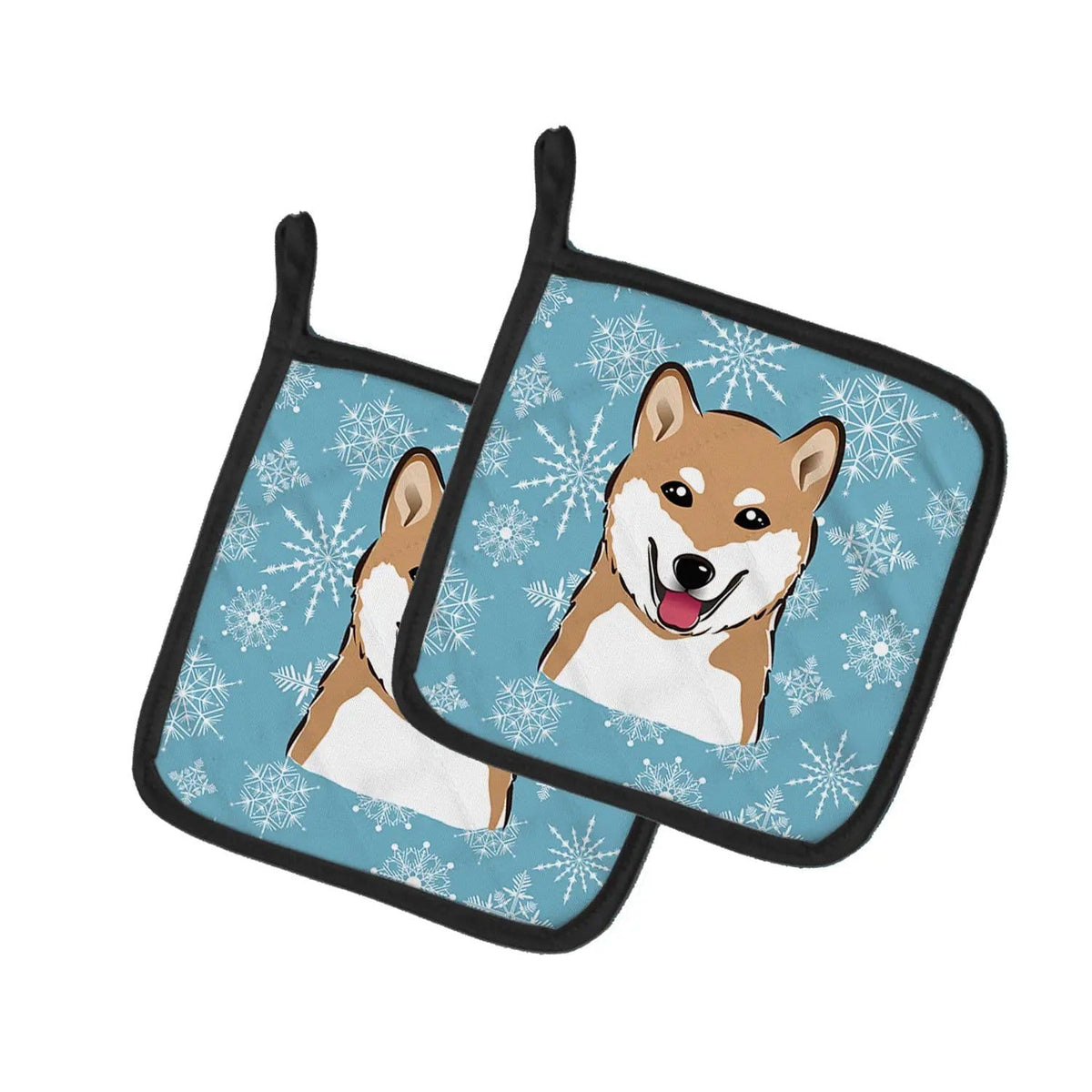 Pot Holder Set of 2 | Heat Resistant Quilted Hot Pads | 7.5 x 7.5 Inch | Snowflake Shiba Inu