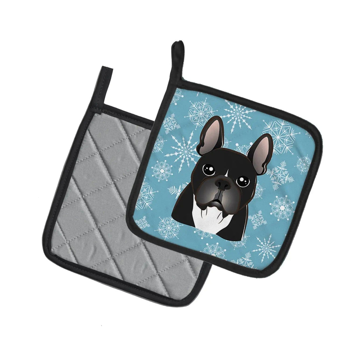 Pot Holder Set of 2 | Heat Resistant Quilted Hot Pads | 7.5 x 7.5 Inch | Snowflake French Bulldog (Style 2)