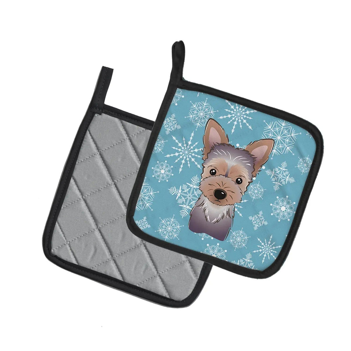 Pot Holder Set of 2 | Heat Resistant Quilted Hot Pads | 7.5 x 7.5 Inch | Snowflake Yorkie Puppy