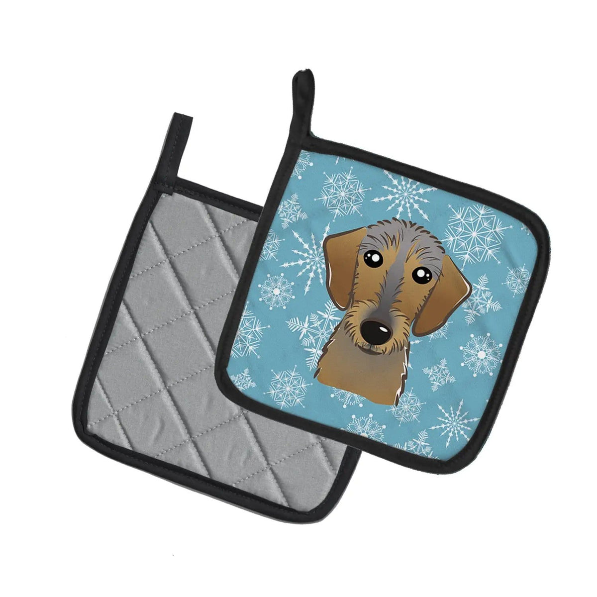 Pot Holder Set of 2 | Heat Resistant Quilted Hot Pads | 7.5 x 7.5 Inch | Snowflake Wirehaired Dachshund
