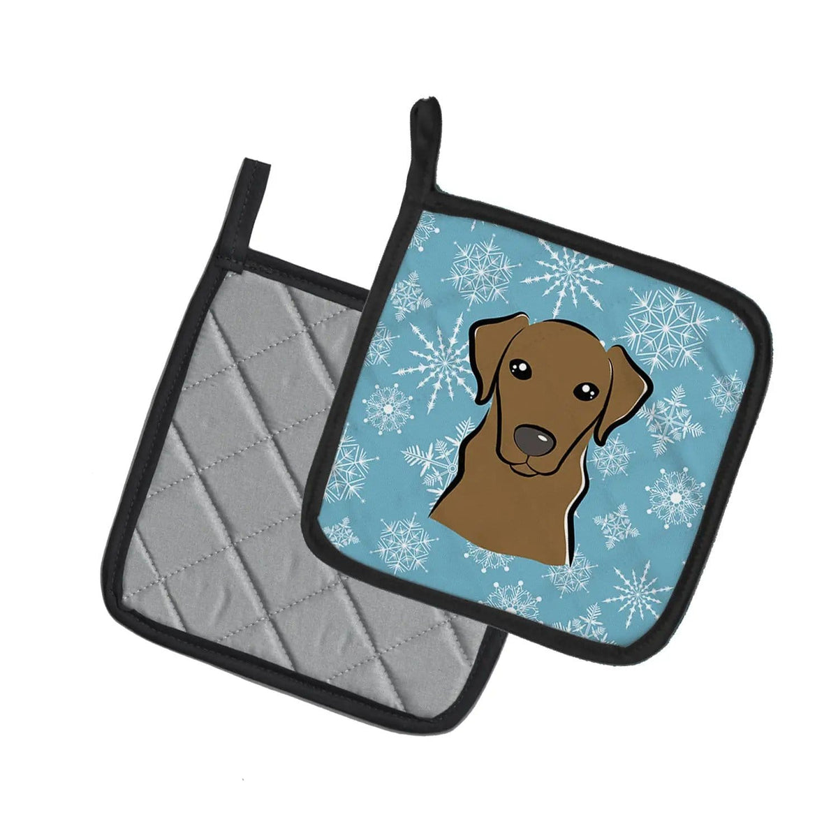 Pot Holder Set of 2 | Heat Resistant Quilted Hot Pads | 7.5 x 7.5 Inch | Snowflake Chocolate Labrador