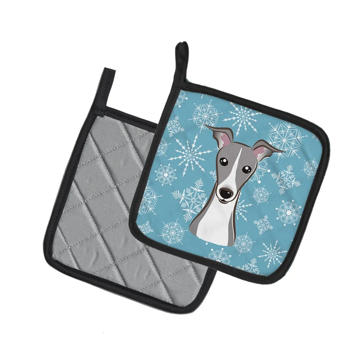 Pot Holder Set of 2 | Heat Resistant Quilted Hot Pads | 7.5 x 7.5 Inch | Snowflake Italian Greyhound