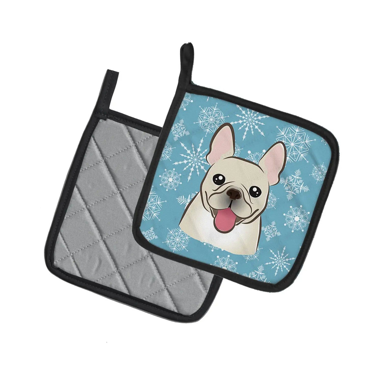 Pot Holder Set of 2 | Heat Resistant Quilted Hot Pads | 7.5 x 7.5 Inch | Snowflake French Bulldog