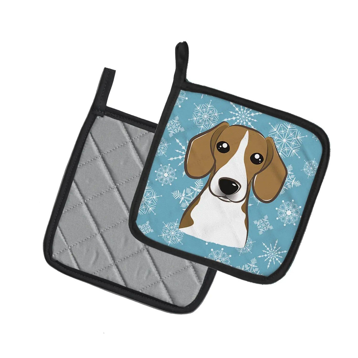 Pot Holder Set of 2 | Heat Resistant Quilted Hot Pads | 7.5 x 7.5 Inch | Snowflake Beagle
