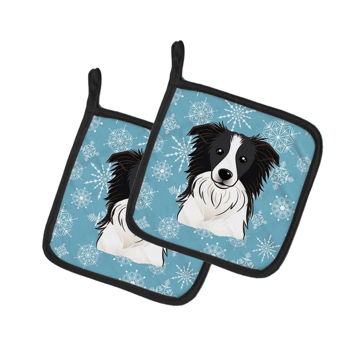Pot Holder Set of 2 | Heat Resistant Quilted Hot Pads | 7.5 x 7.5 Inch | Snowflake Border Collie