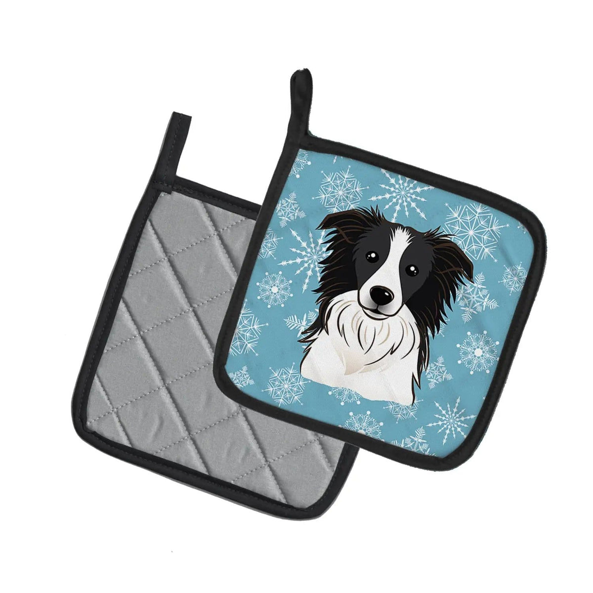 Pot Holder Set of 2 | Heat Resistant Quilted Hot Pads | 7.5 x 7.5 Inch | Snowflake Border Collie