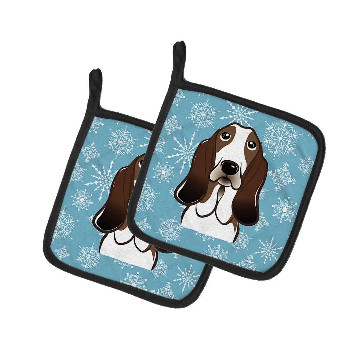 Pot Holder Set of 2 | Heat Resistant Quilted Hot Pads | 7.5 x 7.5 Inch | Snowflake Basset Hound