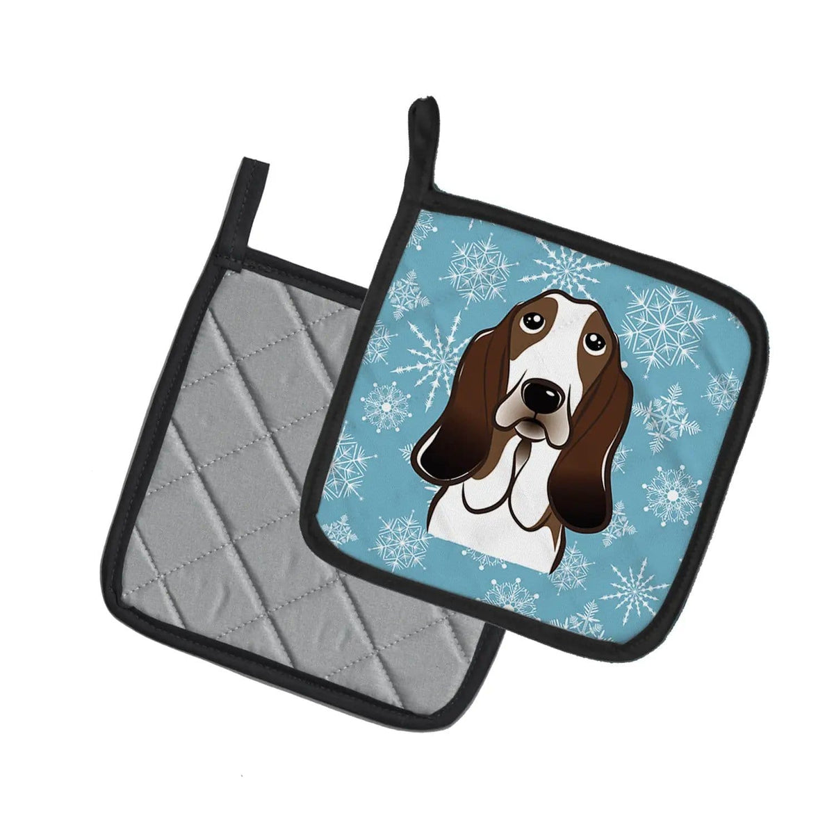 Pot Holder Set of 2 | Heat Resistant Quilted Hot Pads | 7.5 x 7.5 Inch | Snowflake Basset Hound