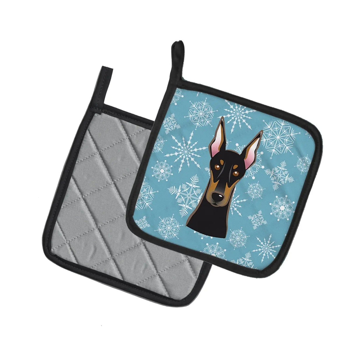 Pot Holder Set of 2 | Heat Resistant Quilted Hot Pads | 7.5 x 7.5 Inch | Snowflake Doberman