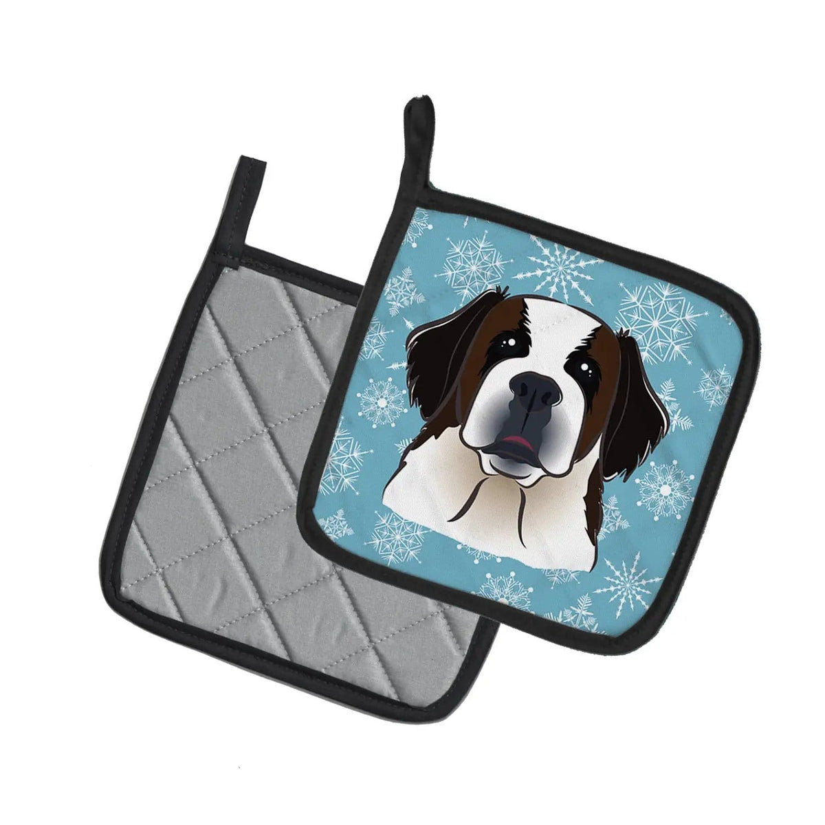 Pot Holder Set of 2 | Heat Resistant Quilted Hot Pads | 7.5 x 7.5 Inch | Snowflake Saint Bernard