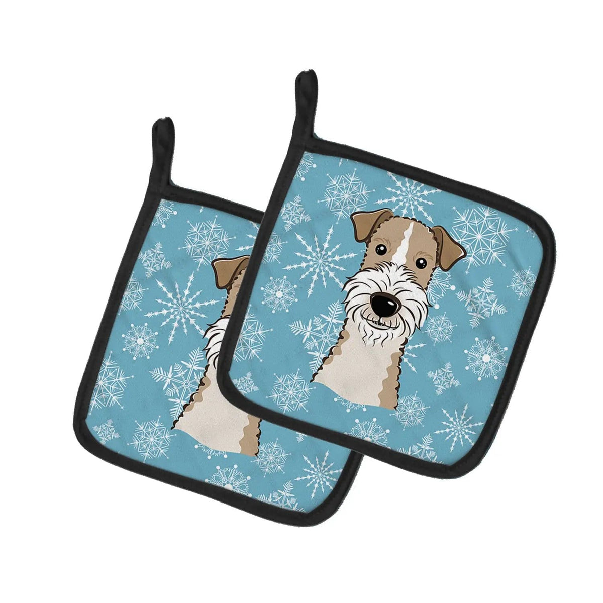 Pot Holder Set of 2 | Heat Resistant Quilted Hot Pads | 7.5 x 7.5 Inch | Snowflake Wire Haired Fox Terrier