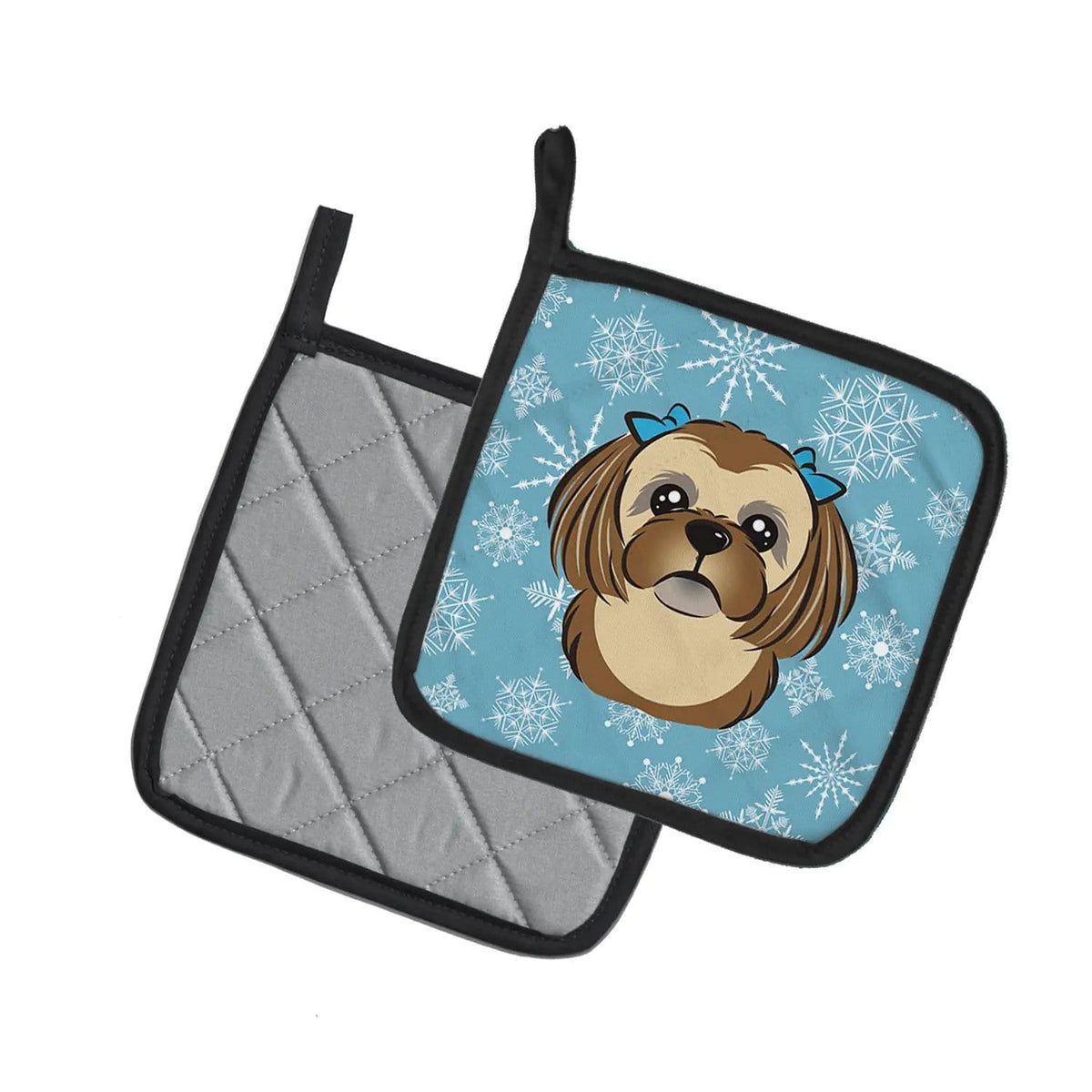 Pot Holder Set of 2 | Heat Resistant Quilted Hot Pads | 7.5 x 7.5 Inch | Snowflake Chocolate Brown Shih Tzu