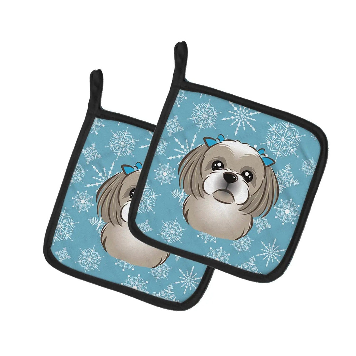 Pot Holder Set of 2 | Heat Resistant Quilted Hot Pads | 7.5 x 7.5 Inch | Snowflake Gray Silver Shih Tzu