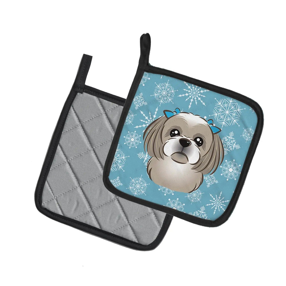 Pot Holder Set of 2 | Heat Resistant Quilted Hot Pads | 7.5 x 7.5 Inch | Snowflake Gray Silver Shih Tzu