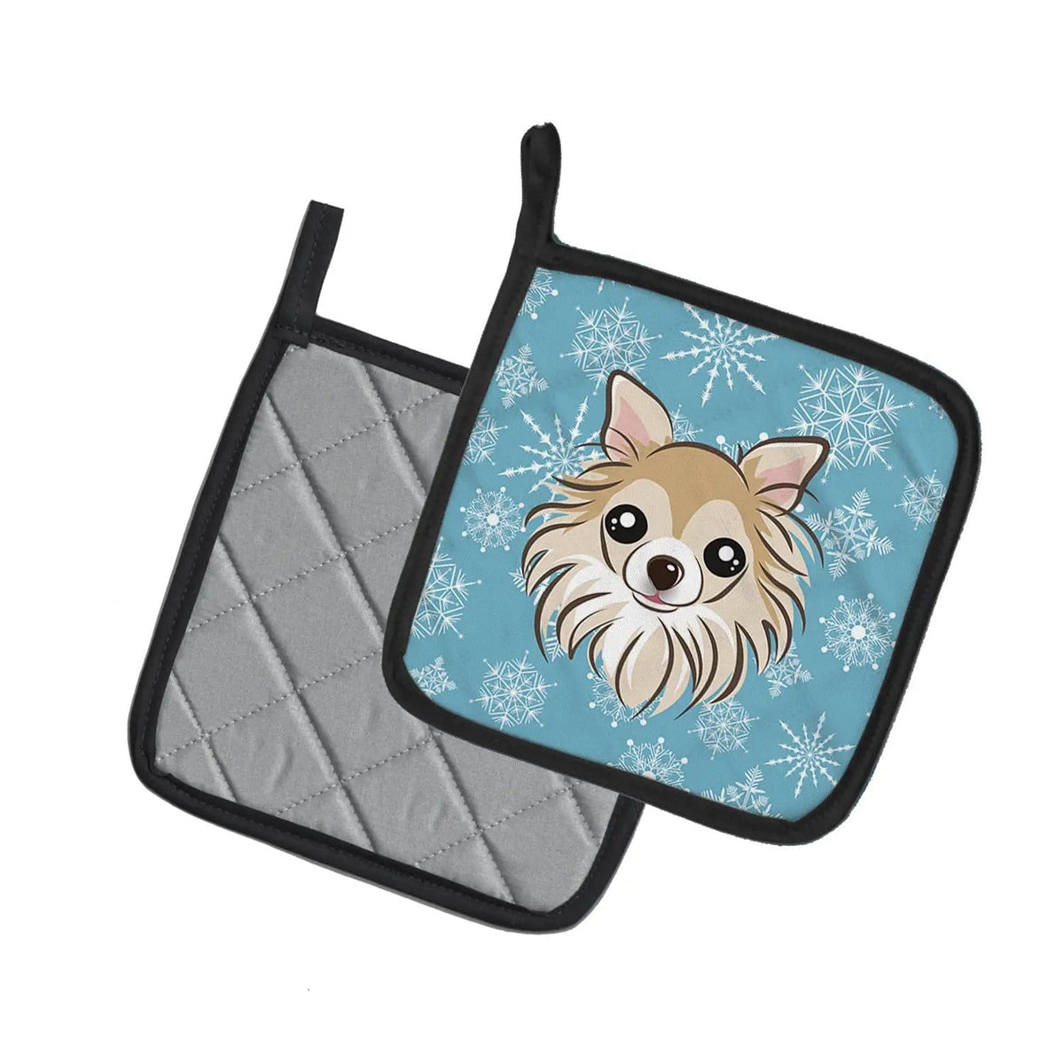 Pot Holder Set of 2 | Heat Resistant Quilted Hot Pads | 7.5 x 7.5 Inch | Snowflake Chihuahua