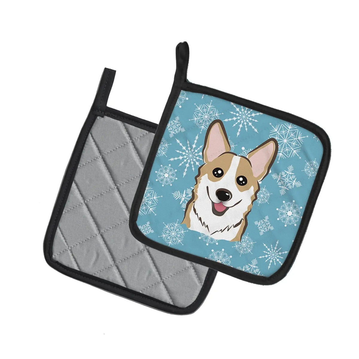 Pot Holder Set of 2 | Heat Resistant Quilted Hot Pads | 7.5 x 7.5 Inch | Snowflake Sable Corgi