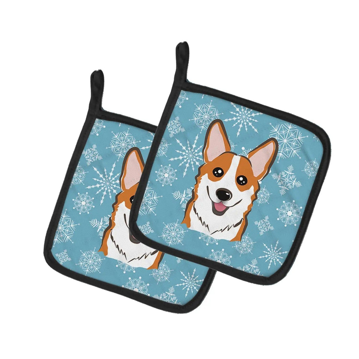Pot Holder Set of 2 | Heat Resistant Quilted Hot Pads | 7.5 x 7.5 Inch | Snowflake Red Corgi