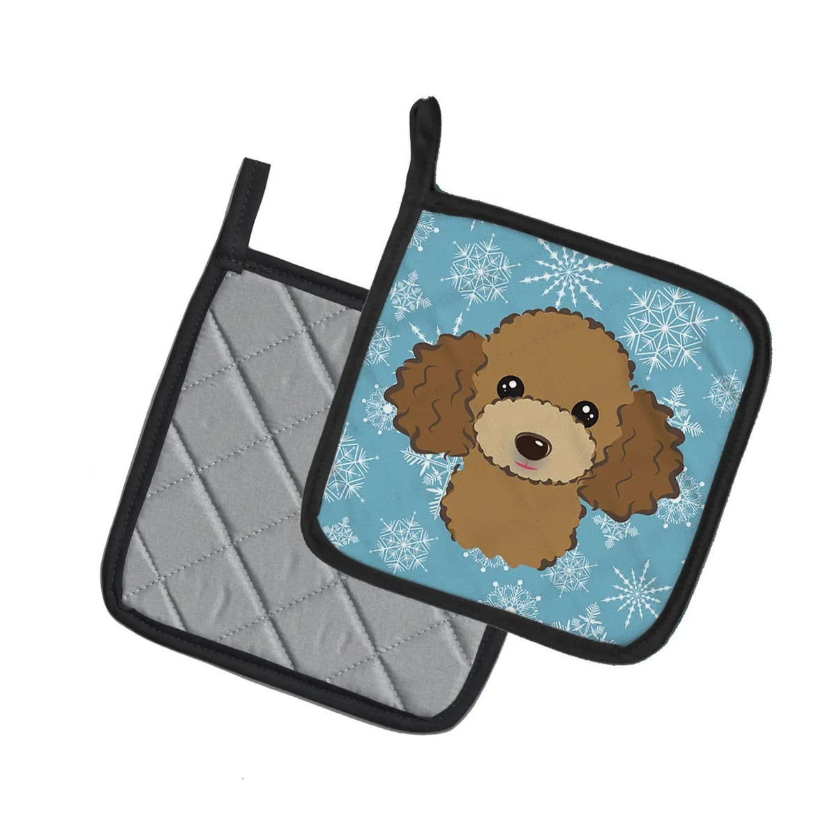 Pot Holder Set of 2 | Heat Resistant Quilted Hot Pads | 7.5 x 7.5 Inch | Snowflake Chocolate Brown Poodle