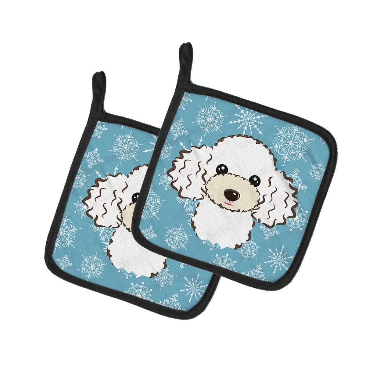 Pot Holder Set of 2 | Heat Resistant Quilted Hot Pads | 7.5 x 7.5 Inch | Snowflake White Poodle