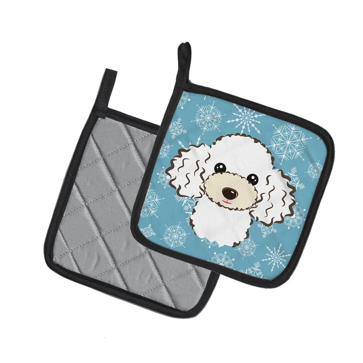 Pot Holder Set of 2 | Heat Resistant Quilted Hot Pads | 7.5 x 7.5 Inch | Snowflake White Poodle