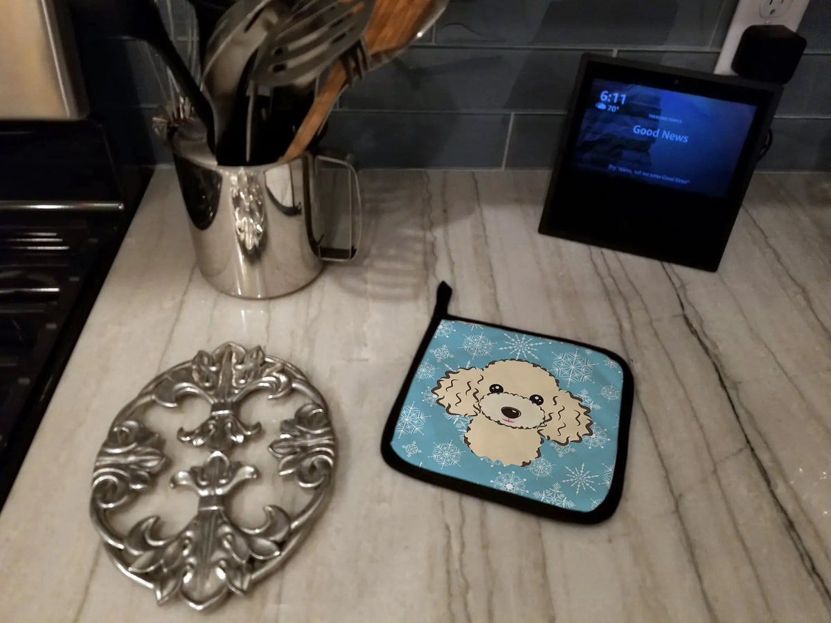 Pot Holder Set of 2 | Heat Resistant Quilted Hot Pads | 7.5 x 7.5 Inch | Snowflake Buff Poodle