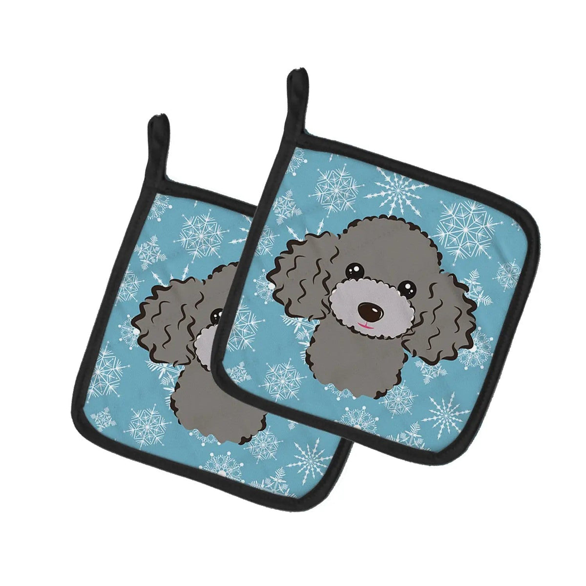 Pot Holder Set of 2 | Heat Resistant Quilted Hot Pads | 7.5 x 7.5 Inch | Snowflake Silver Gray Poodle