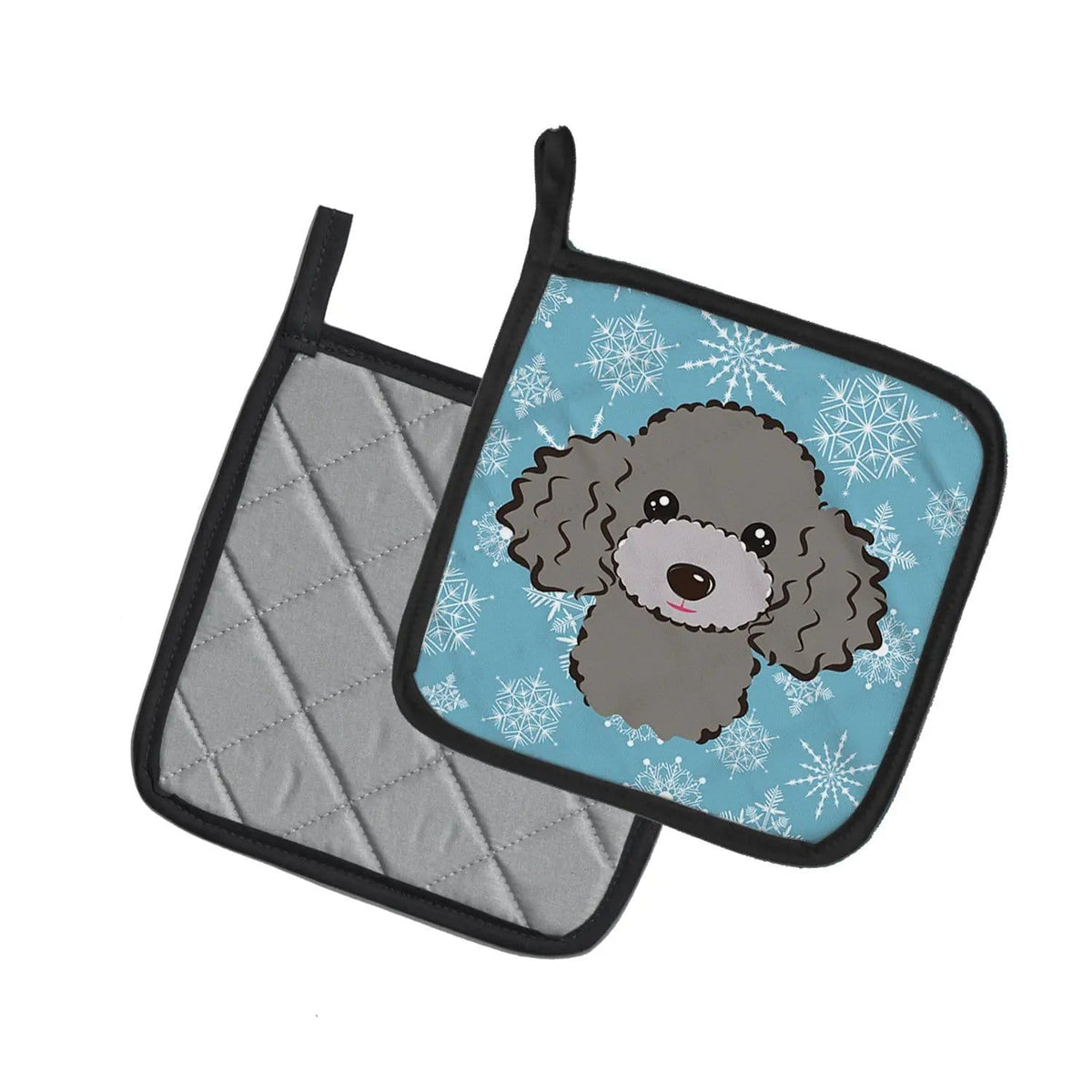 Pot Holder Set of 2 | Heat Resistant Quilted Hot Pads | 7.5 x 7.5 Inch | Snowflake Silver Gray Poodle
