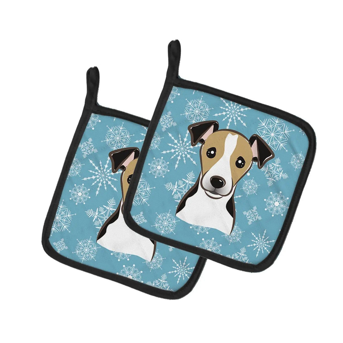 Pot Holder Set of 2 | Heat Resistant Quilted Hot Pads | 7.5 x 7.5 Inch | Snowflake Jack Russell Terrier