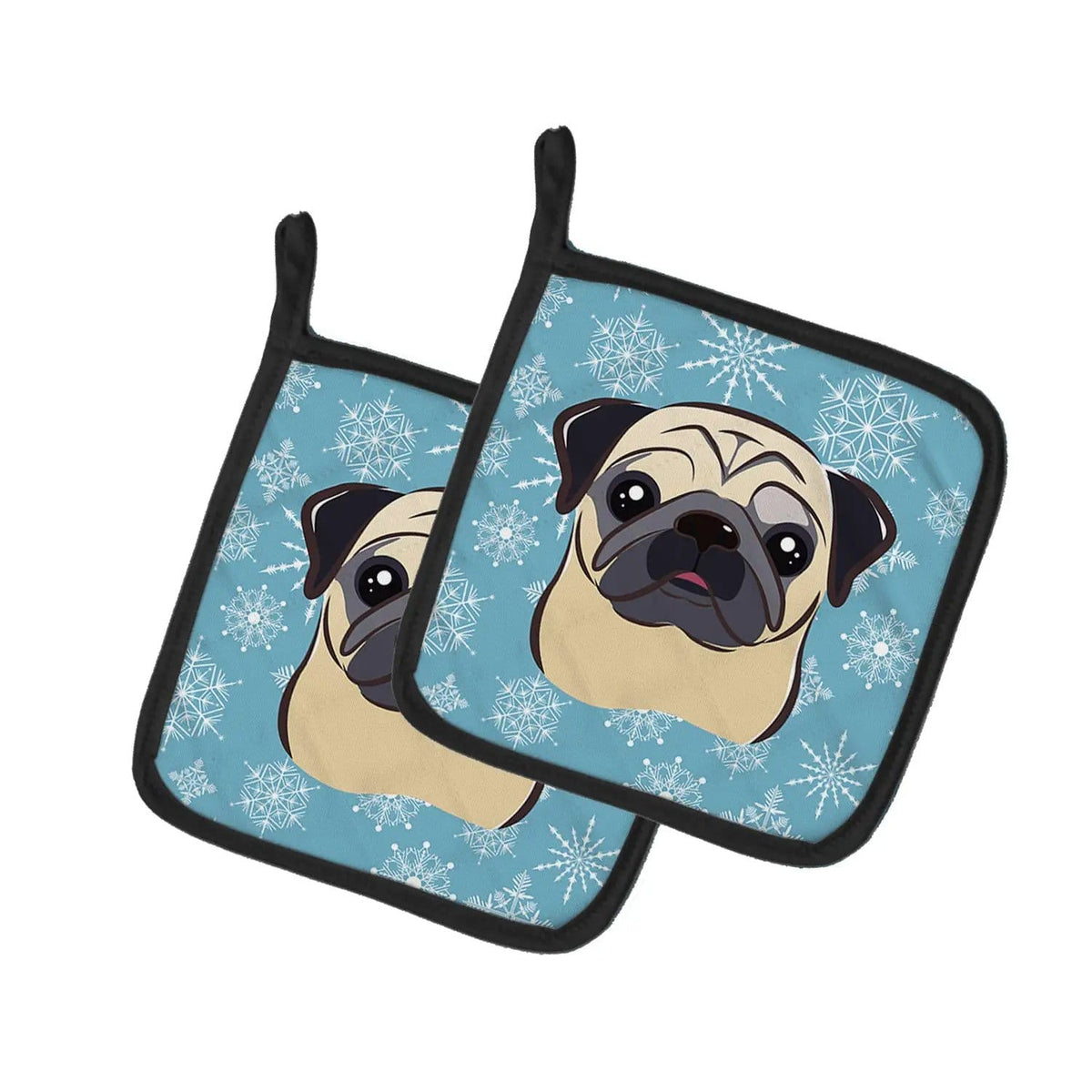 Pot Holder Set of 2 | Heat Resistant Quilted Hot Pads | 7.5 x 7.5 Inch | Snowflake Fawn Pug