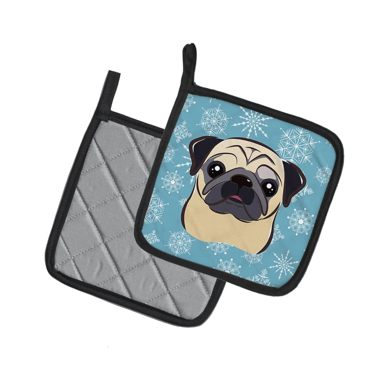 Pot Holder Set of 2 | Heat Resistant Quilted Hot Pads | 7.5 x 7.5 Inch | Snowflake Fawn Pug