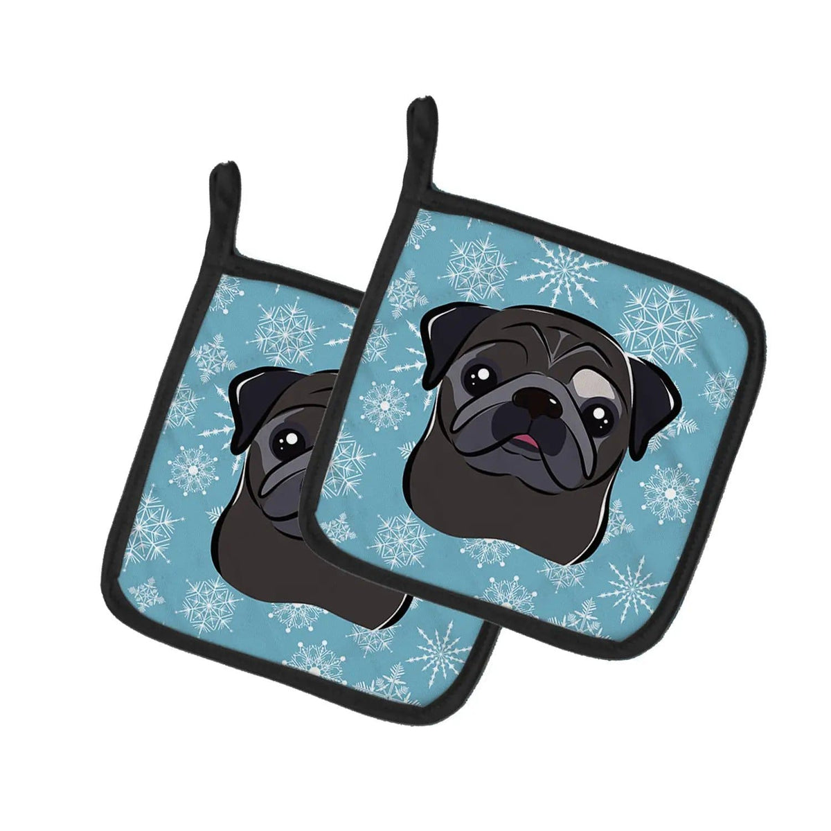 Pot Holder Set of 2 | Heat Resistant Quilted Hot Pads | 7.5 x 7.5 Inch | Snowflake Black Pug