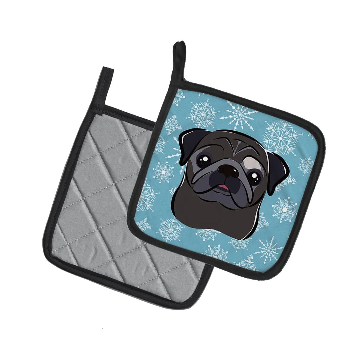 Pot Holder Set of 2 | Heat Resistant Quilted Hot Pads | 7.5 x 7.5 Inch | Snowflake Black Pug