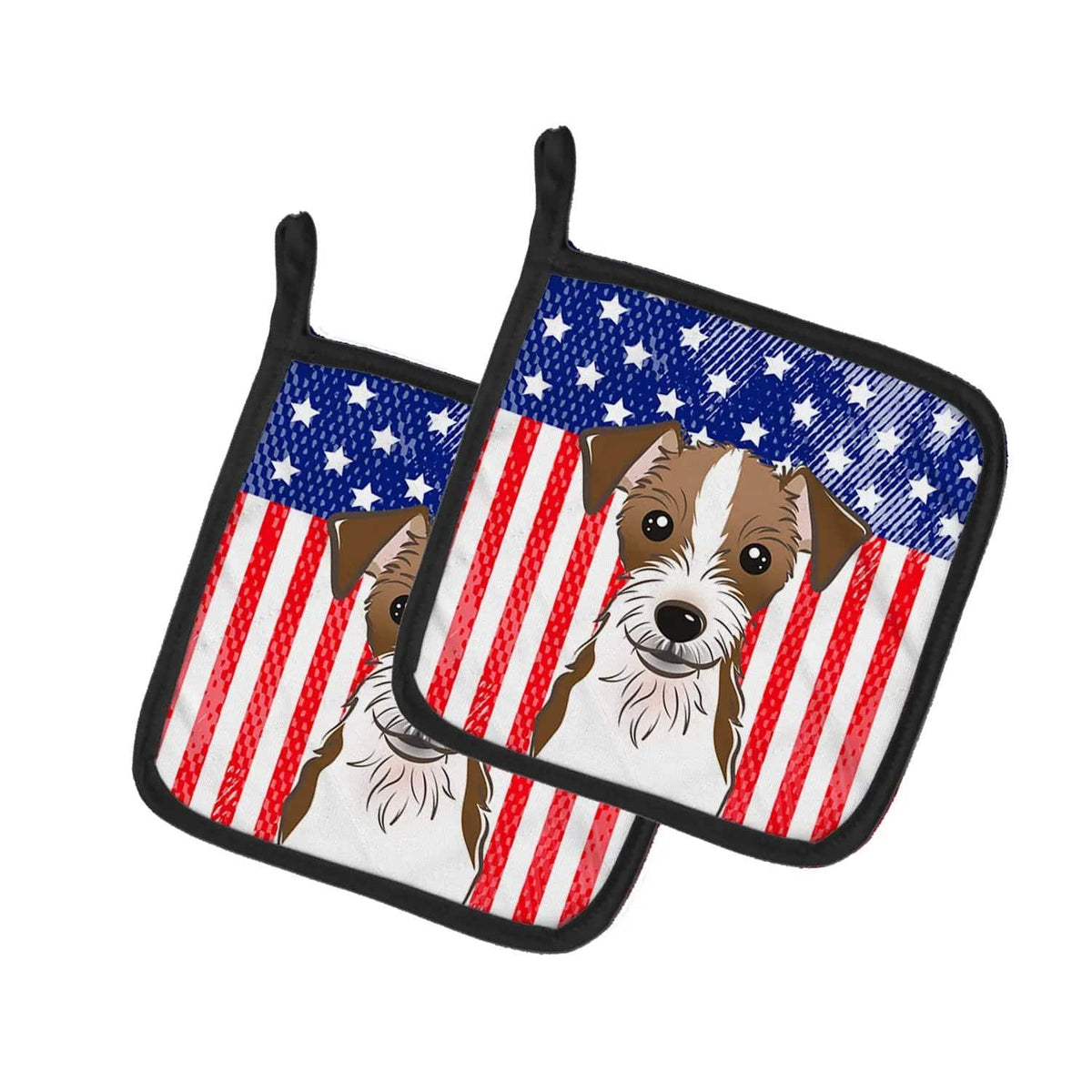 Pot Holder Set of 2 | Heat Resistant Quilted Hot Pads | 7.5 x 7.5 Inch | American Flag and Jack Russell Terrier (Style 3)