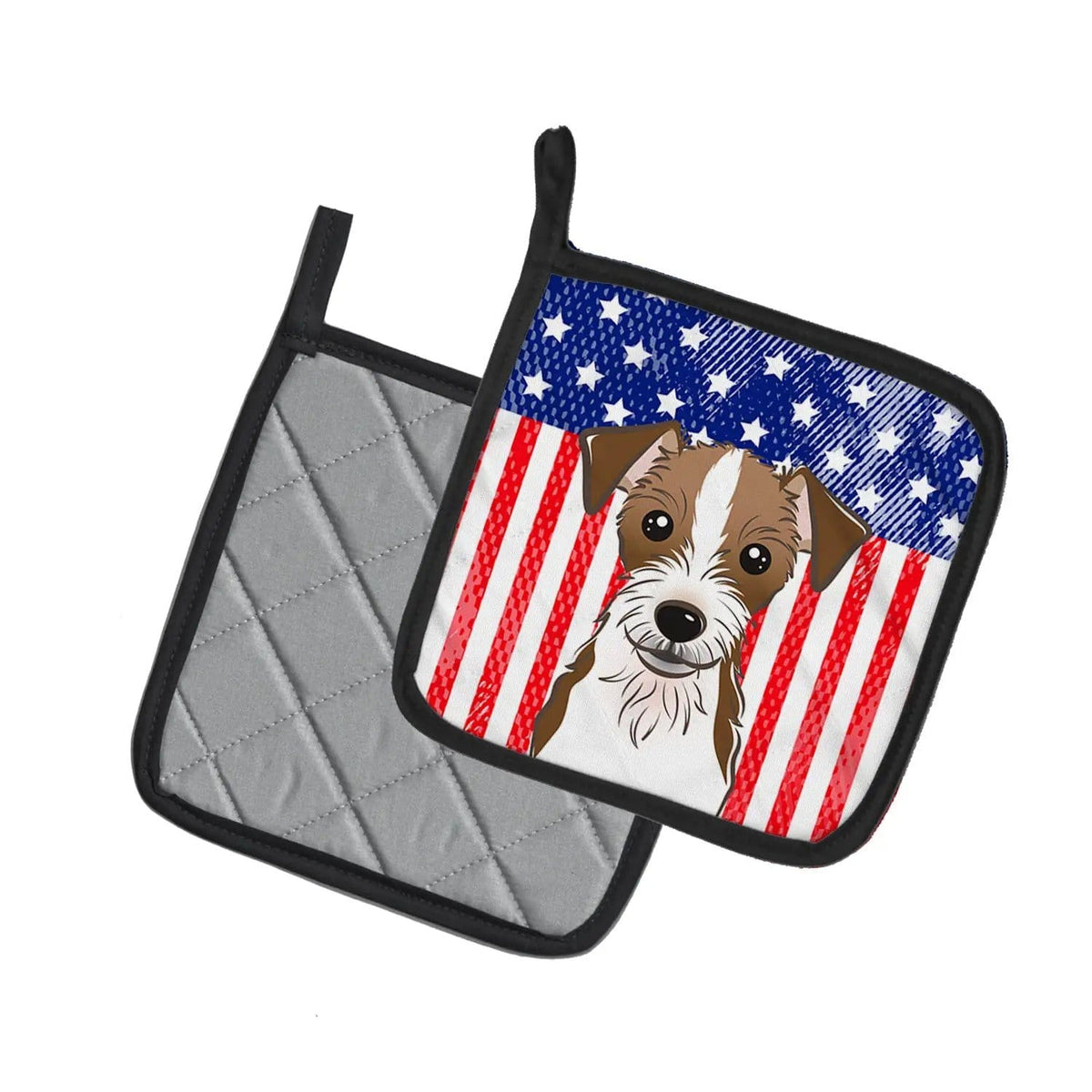 Pot Holder Set of 2 | Heat Resistant Quilted Hot Pads | 7.5 x 7.5 Inch | American Flag and Jack Russell Terrier (Style 3)