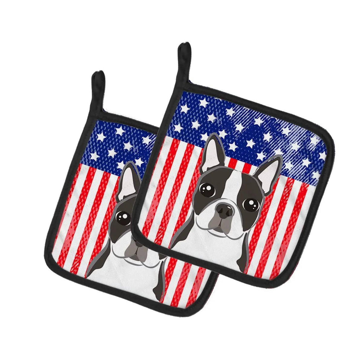 Pot Holder Set of 2 | Heat Resistant Quilted Hot Pads | 7.5 x 7.5 Inch | American Flag and Boston Terrier