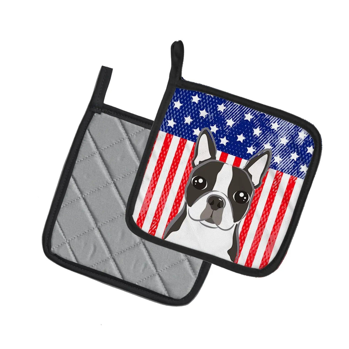 Pot Holder Set of 2 | Heat Resistant Quilted Hot Pads | 7.5 x 7.5 Inch | American Flag and Boston Terrier
