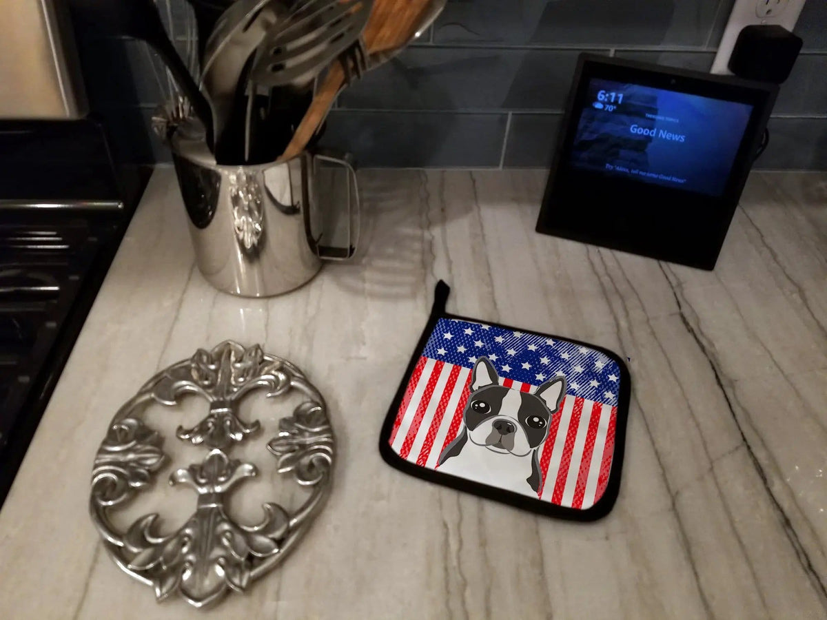 Pot Holder Set of 2 | Heat Resistant Quilted Hot Pads | 7.5 x 7.5 Inch | American Flag and Boston Terrier