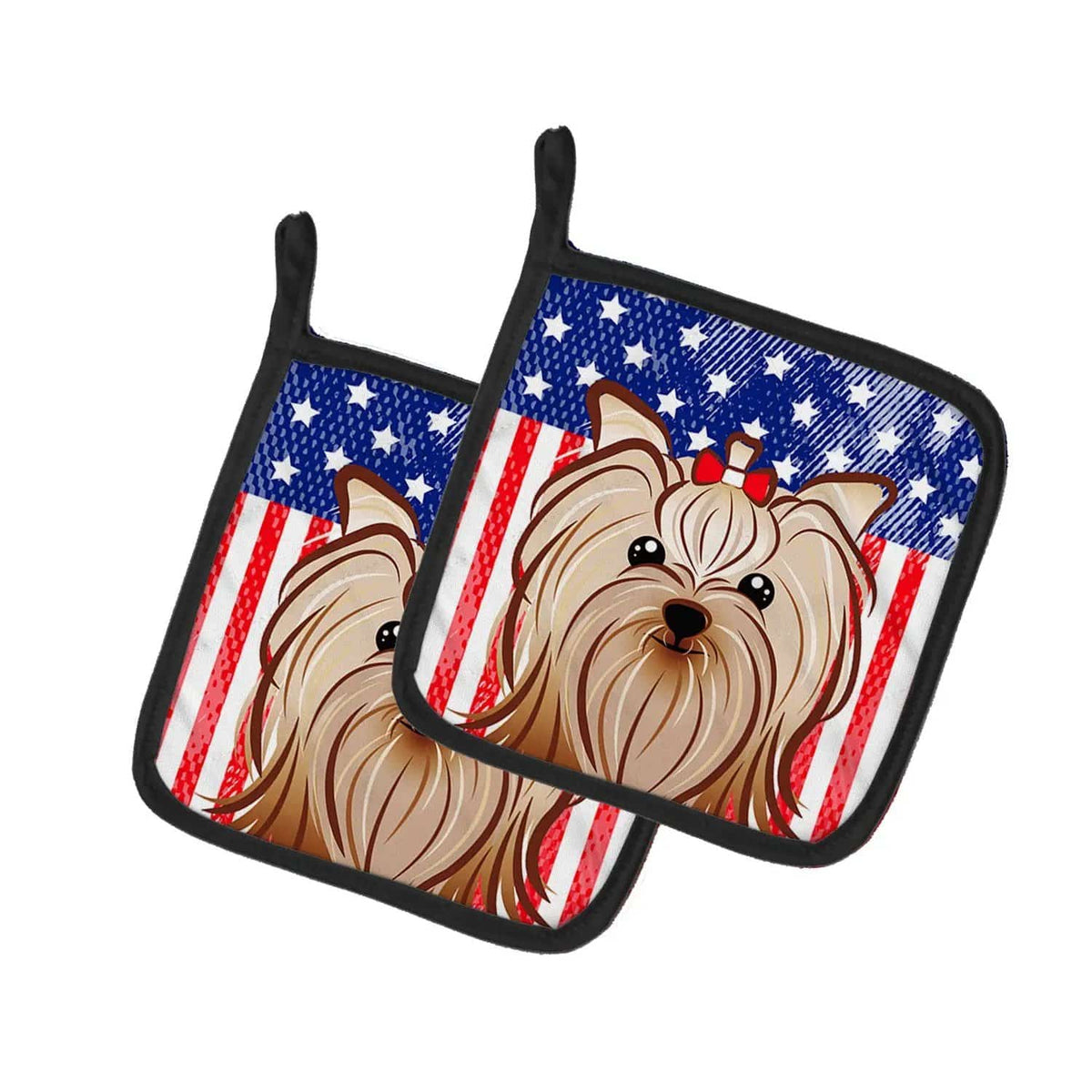 Pot Holder Set of 2 | Heat Resistant Quilted Hot Pads | 7.5 x 7.5 Inch | American Flag and Yorkie Yorkishire Terrier