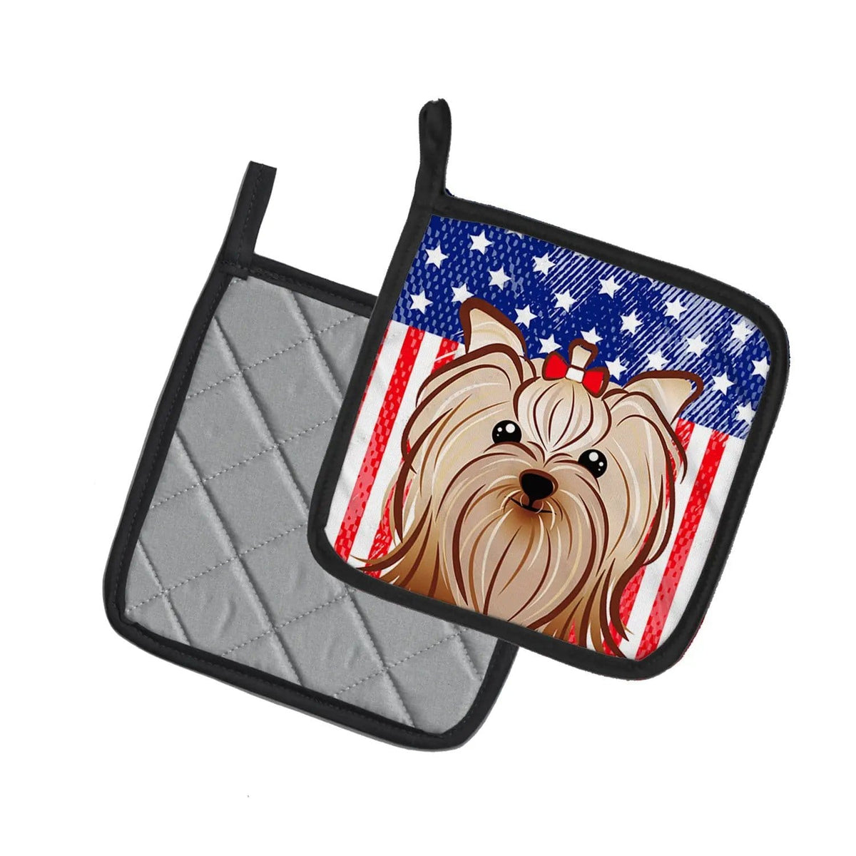 Pot Holder Set of 2 | Heat Resistant Quilted Hot Pads | 7.5 x 7.5 Inch | American Flag and Yorkie Yorkishire Terrier