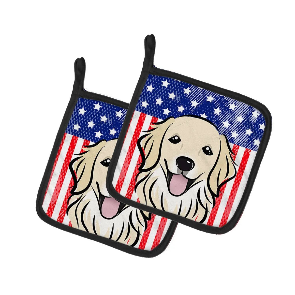Pot Holder Set of 2 | Heat Resistant Quilted Hot Pads | 7.5 x 7.5 Inch | American Flag and Golden Retriever (Style 2)