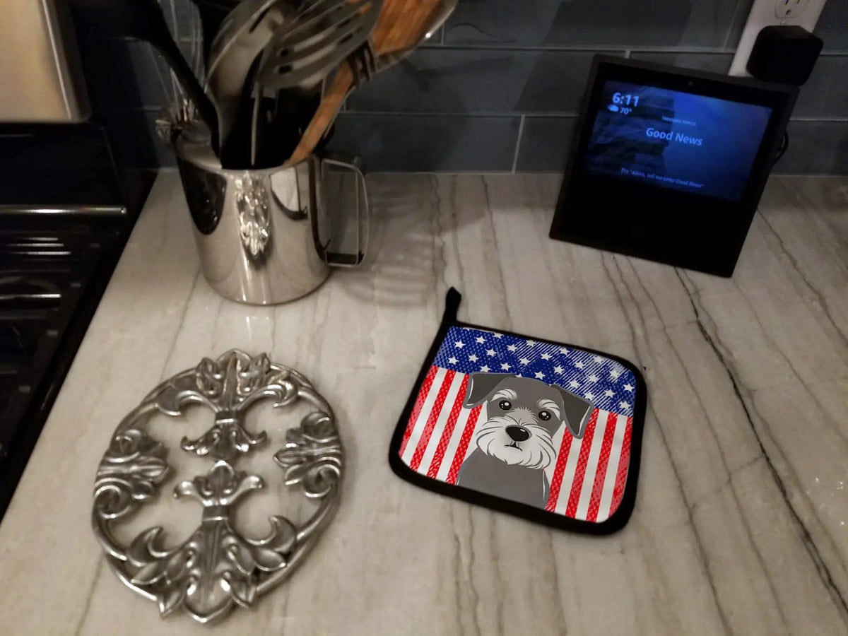 Pot Holder Set of 2 | Heat Resistant Quilted Hot Pads | 7.5 x 7.5 Inch | American Flag and Schnauzer